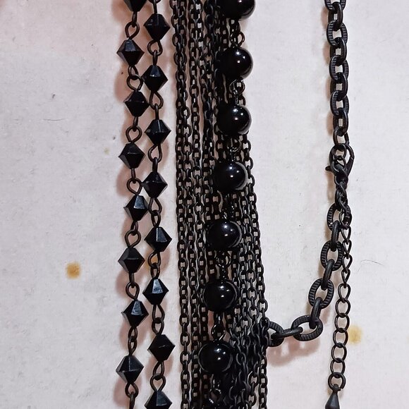 Handmade Black Chain and Bead Layered Cascade Statement Bib Necklace - Picture 5 of 9